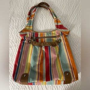 Fossil Multicolor Striped Canvas & Brown Leather Trim Print Shoulder Bag